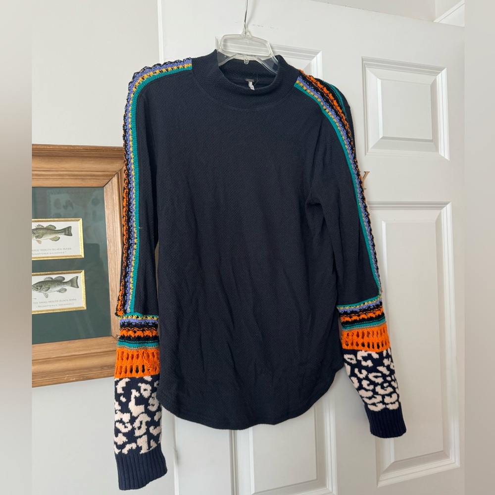 Free People Black Sweater with Colorful Knit Sleeves